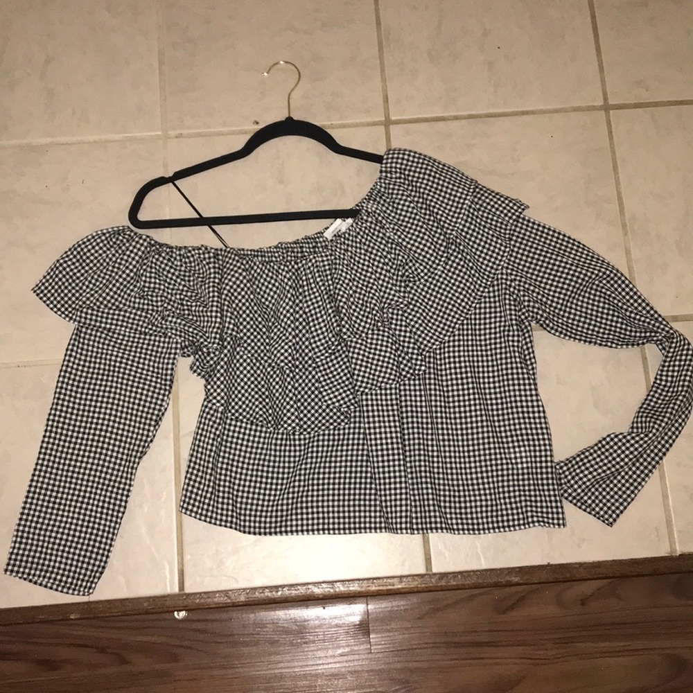 Asymmetrical Neckline Gingham Top